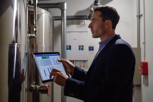 Ballon d'eau chaude moderne avec technologie avancée pour une efficacité énergétique optimale dans une salle technique.