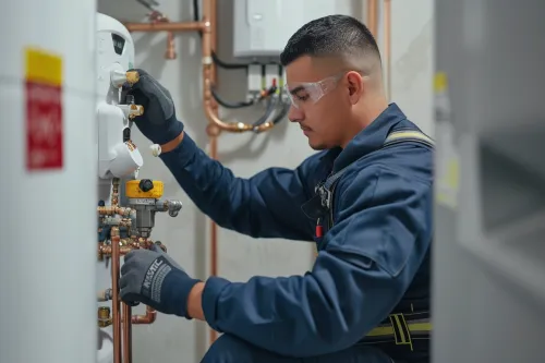 Technicien effectuant le raccordement d'un ballon d'eau chaude résidentiel avec outils spécialisés