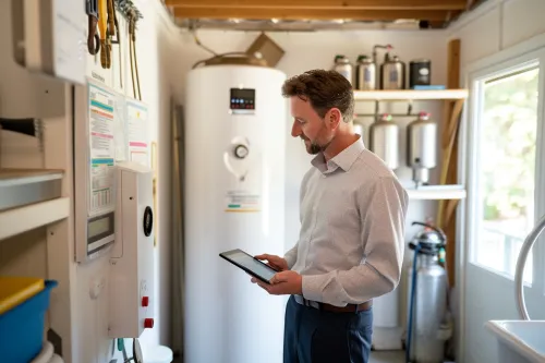 Famille analysant sa facture d'eau pour économiser sur la consommation d'eau chaude dans la maison