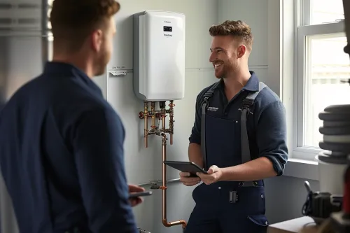 Technicien installant un système de chauffe-eau connecté ThermoSetup avec smartphone pour contrôle à distance