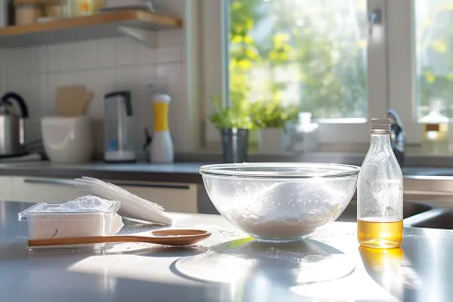 Mélange écologique de bicarbonate de soude et vinaigre pour un nettoyage naturel et efficace dans la maison