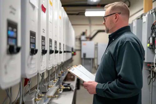 Ballon d'eau chaude moderne avec étiquette énergétique A+ montrant l'efficacité et les économies réalisables