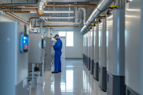 Ballon d'eau chaude connecté affichant sa performance énergétique avec smartphone pour contrôle à distance.