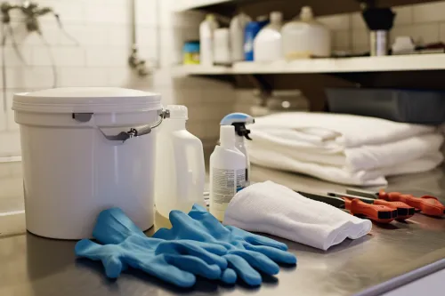 Produits de détartrage naturels et professionnels alignés sur un comptoir avec vinaigre blanc et acide citrique